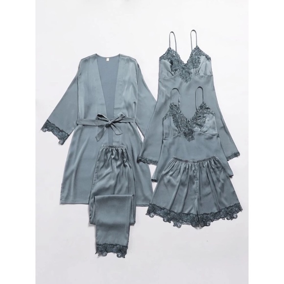 Fefi 5pcs Satin Contrast Lace Belted Night Set - Picture 3 of 6